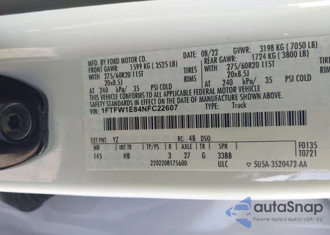 2022 Ford F-150 Lariat из США, поврежденный, VIN 1FTFW1E84NFC22607